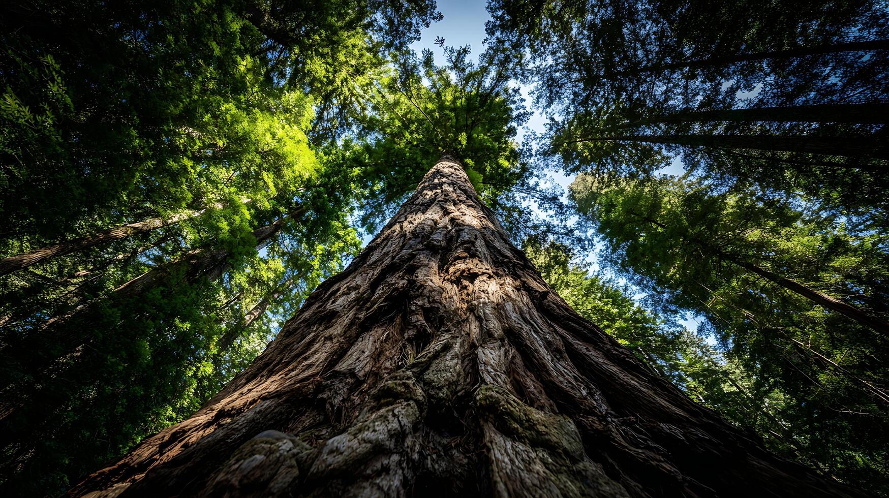 Looking Up Through Ancient Forest Canopy at Tall Trees. photo