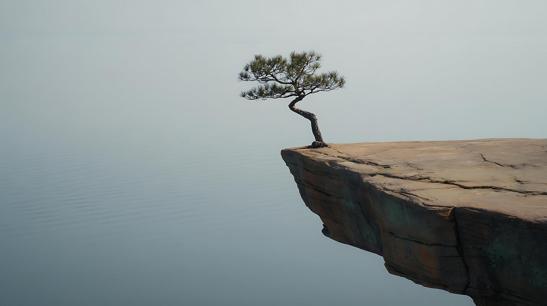 Solitary Tree Stands Firmly on a Dramatic Cliff Edge Over Water. photo