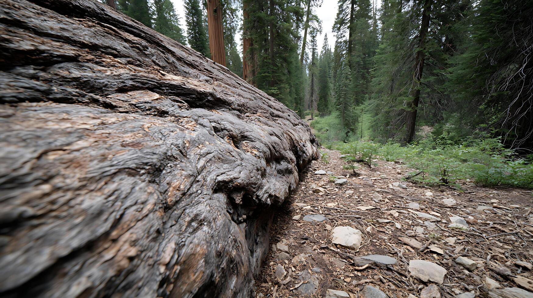 Giant Fallen Tree on Forest Trail Path Through Tall Green Trees. photo
