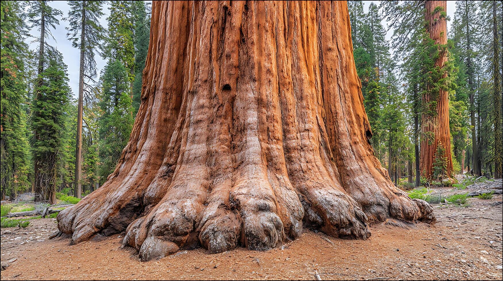 Majestic Giant Sequoia Tree Base in a Lush Forest Setting. photo