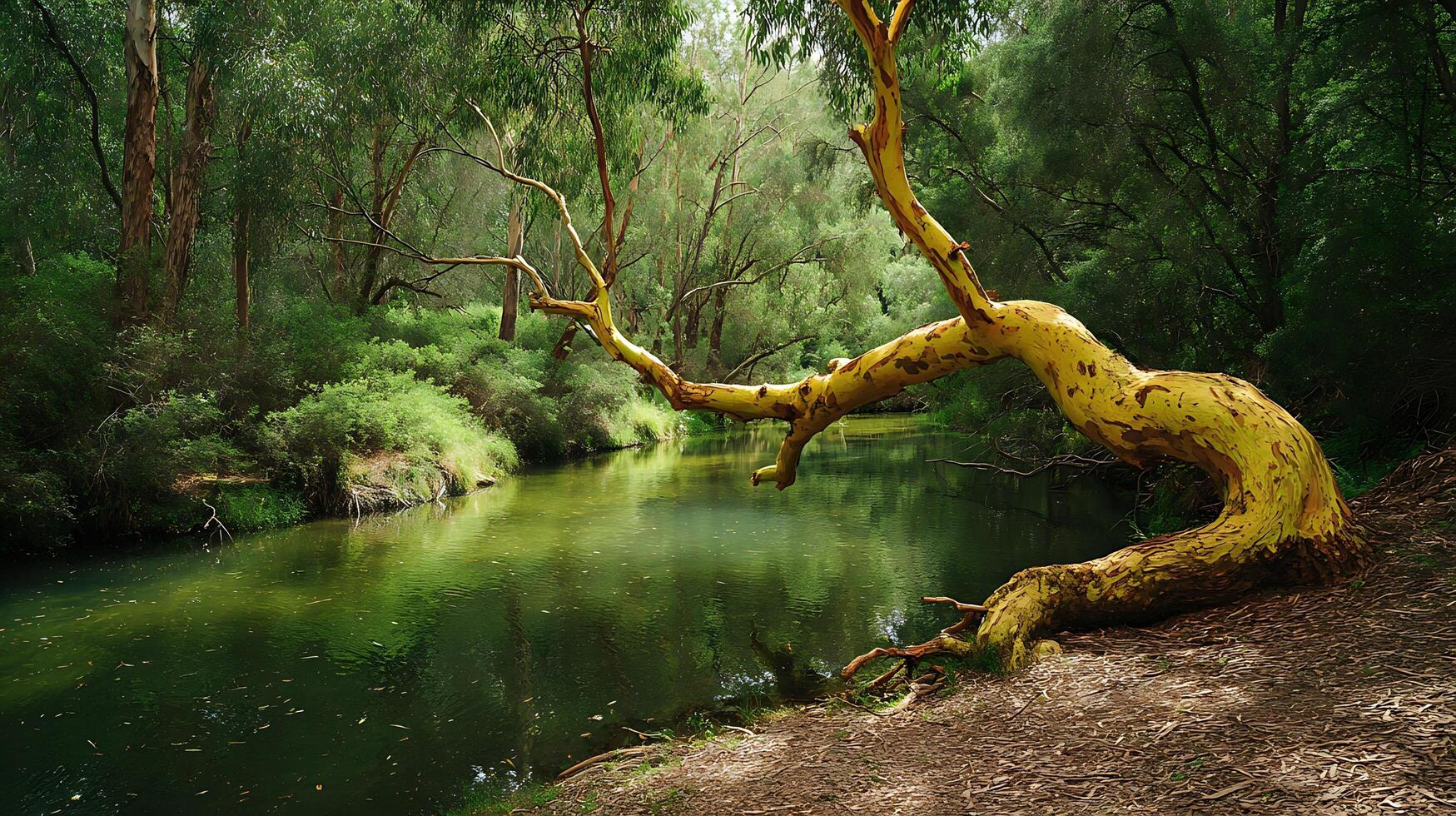 Serene Green River Flows Through Lush Forest with Striking Yellow Tree. photo