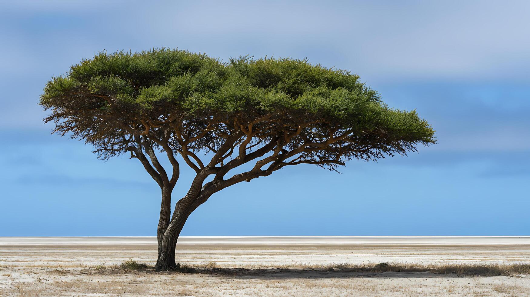 Lone Acacia Tree Stands Tall Against A Vast Open Sky. photo