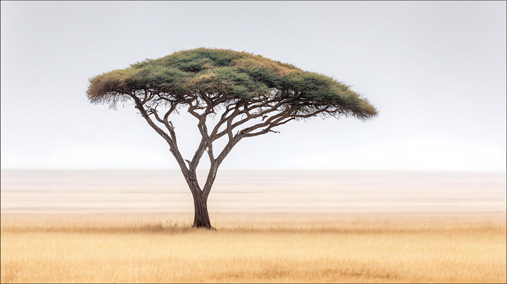 Lone Acacia Tree in a Vast, Golden Savannah Under a Bright Sky. photo