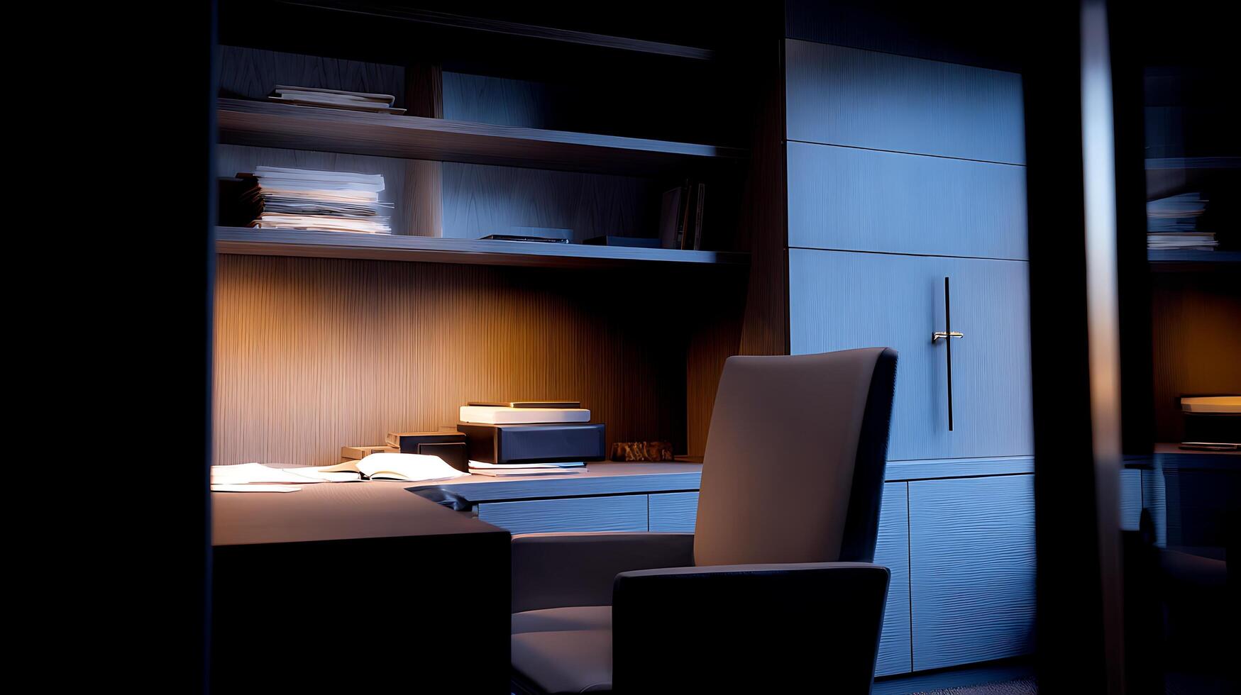 Cozy nighttime home office with warm lighting and stacked books. photo
