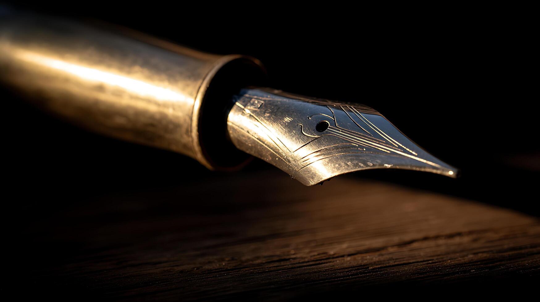 Close Up of a Vintage Fountain Pen Nib on a Dark Wooden Surface. photo