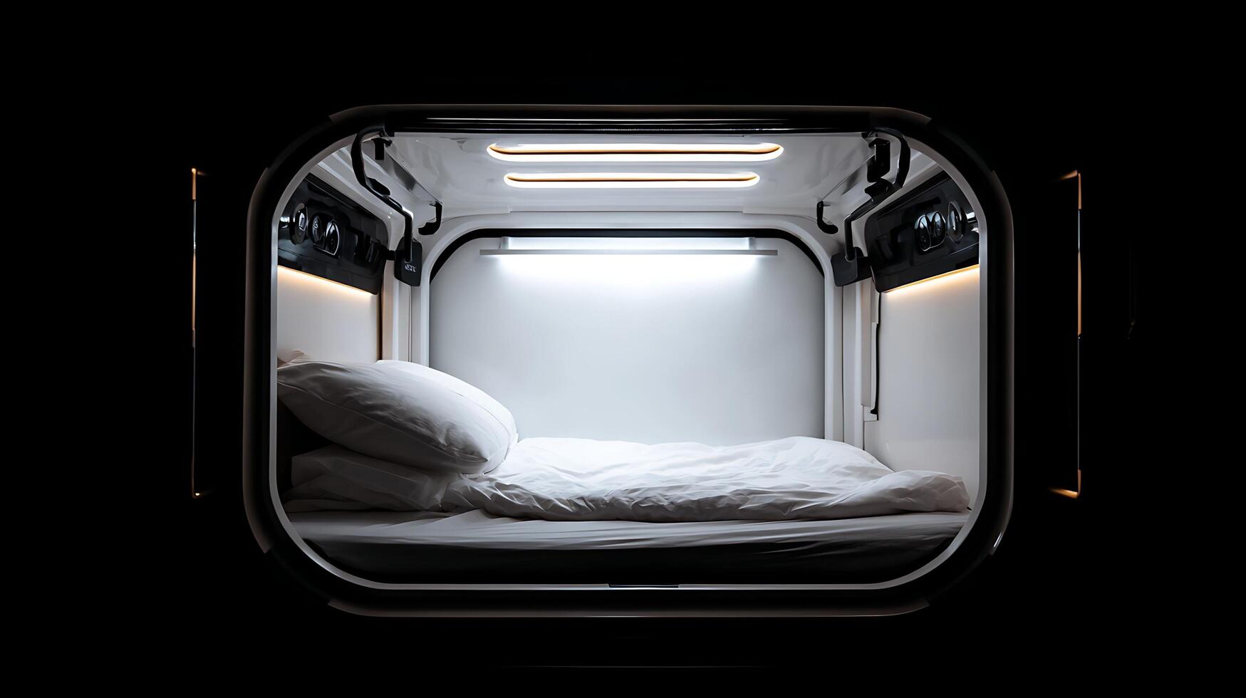 Futuristic Capsule Hotel Bed Ready for a Restful Sleep. photo