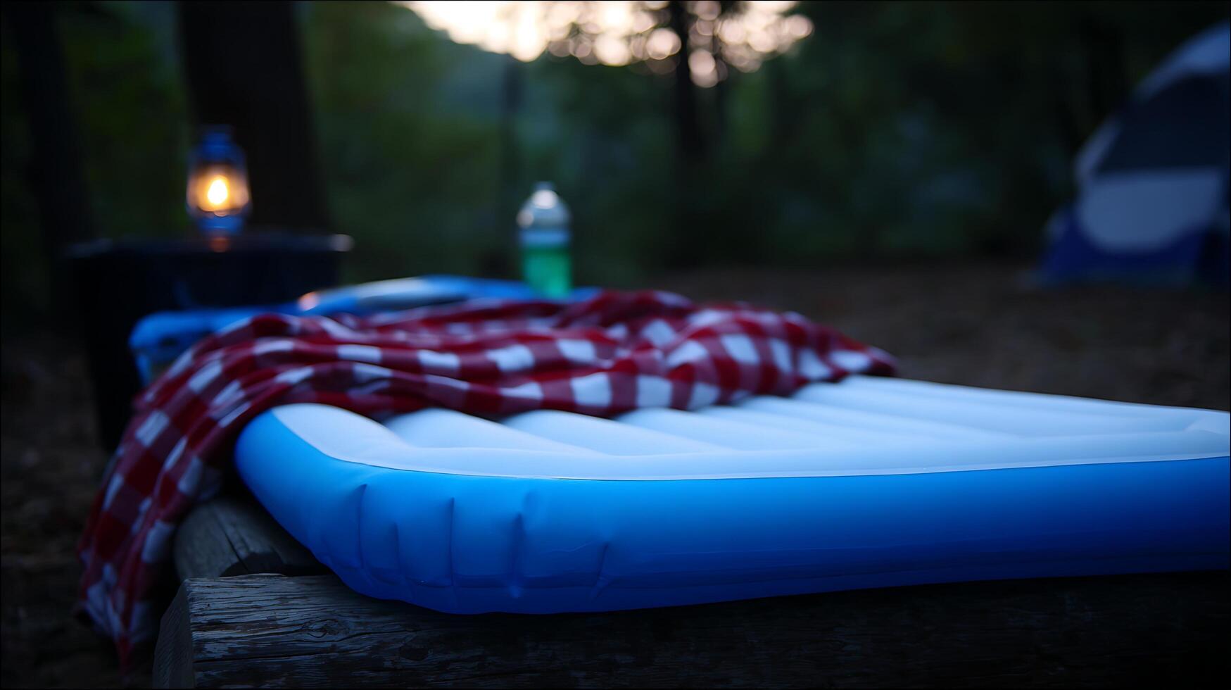 Cozy Campsite Evening With Lantern And Air Mattress. photo
