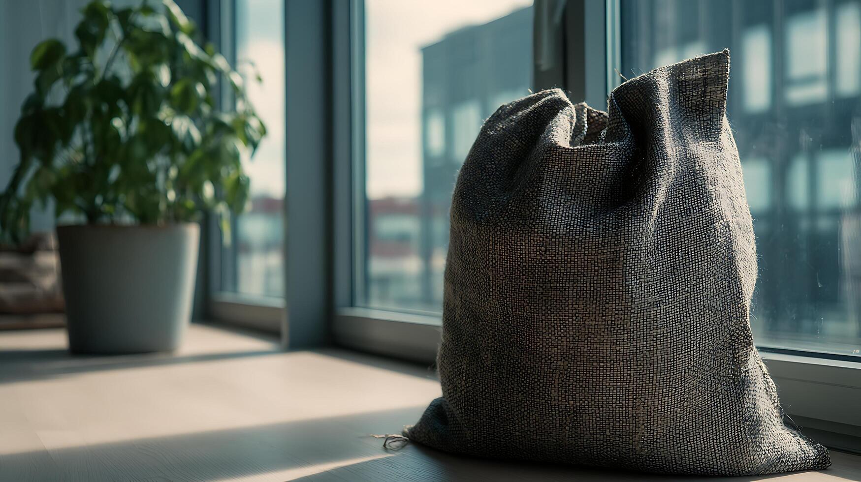 Rustic burlap sack by a large window with potted plant. photo