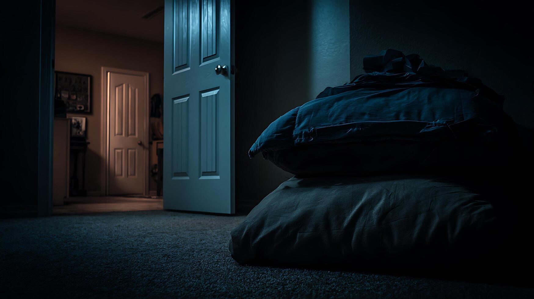 A dimly lit room with an open door and a pile of pillows. photo