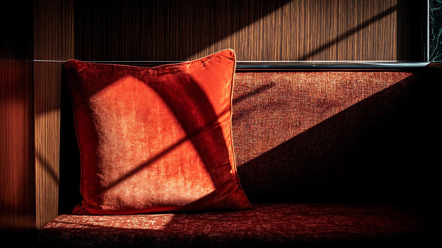 Red Velvet Cushion Bathed in Dramatic Sunlight. photo