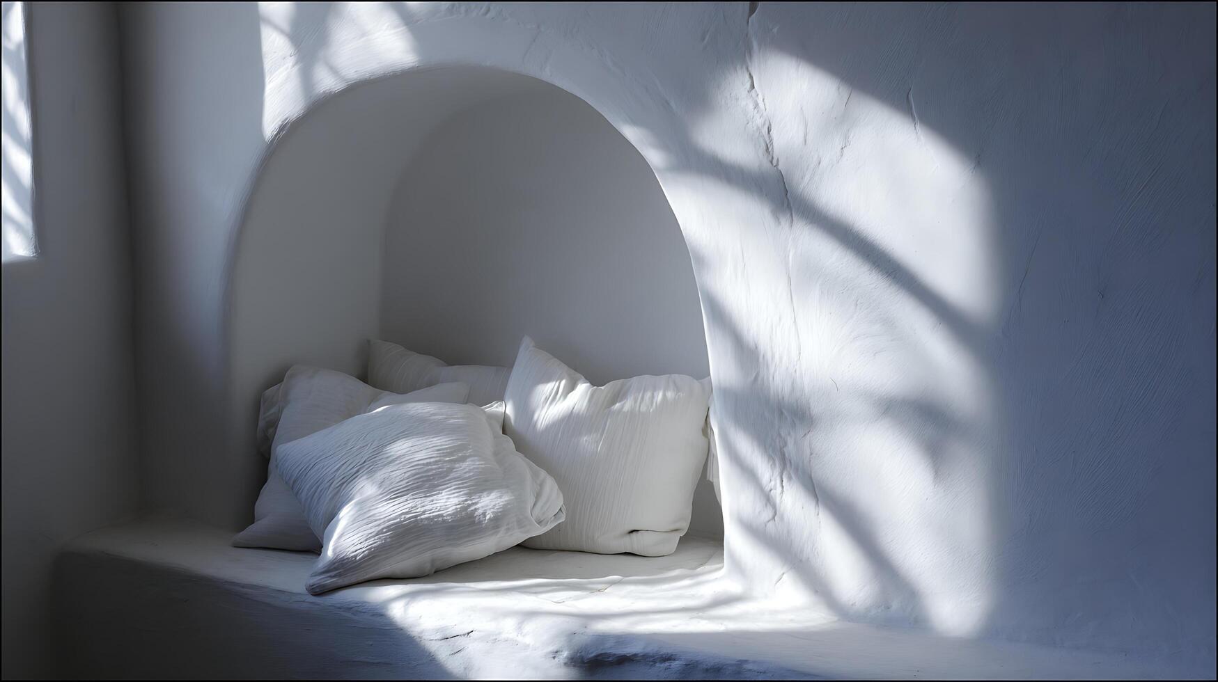 Cozy white alcove filled with plush pillows bathed in soft sunlight. photo