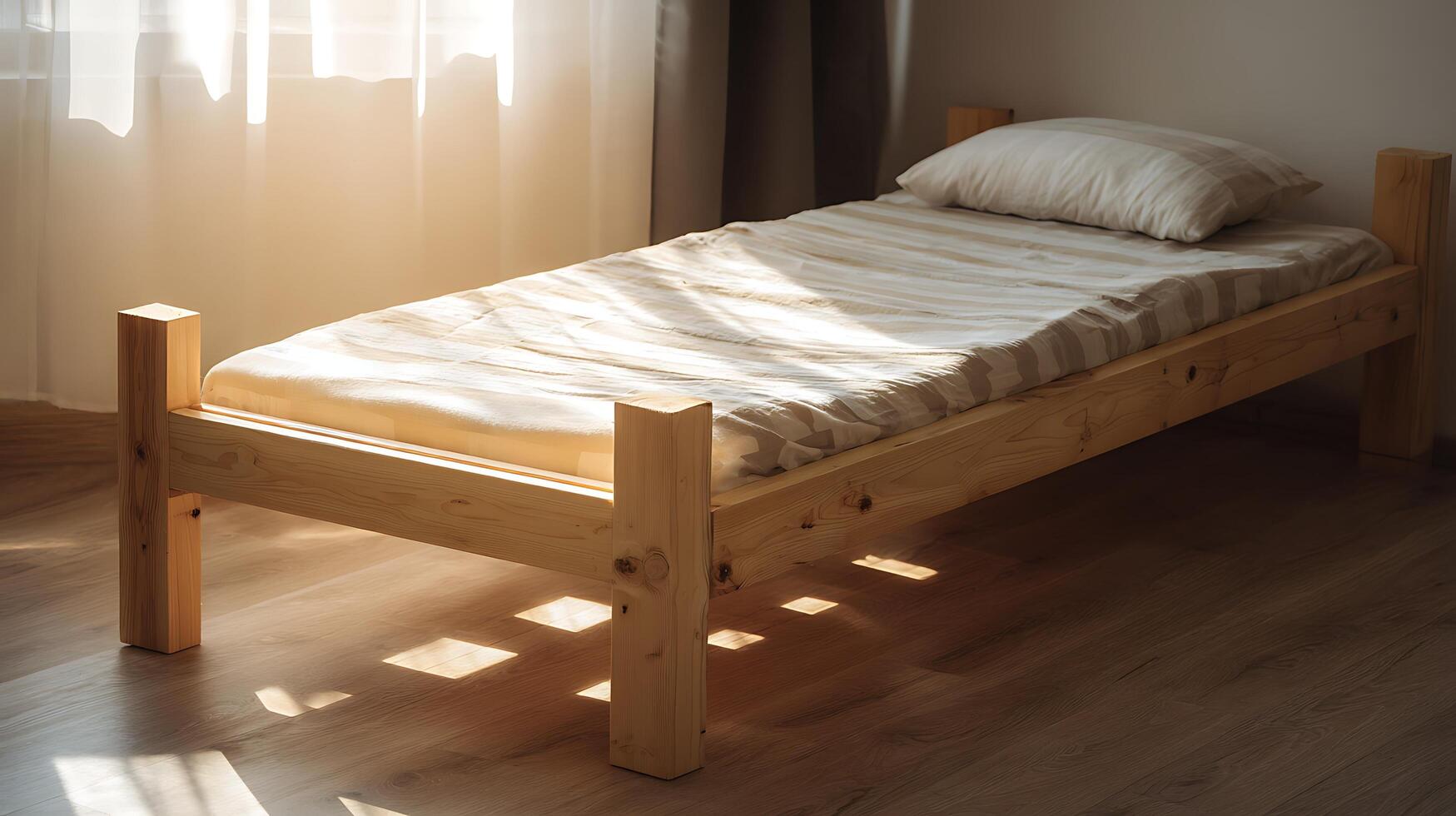 Sunlit Morning Wooden Bed with Soft Light Through Curtains. photo
