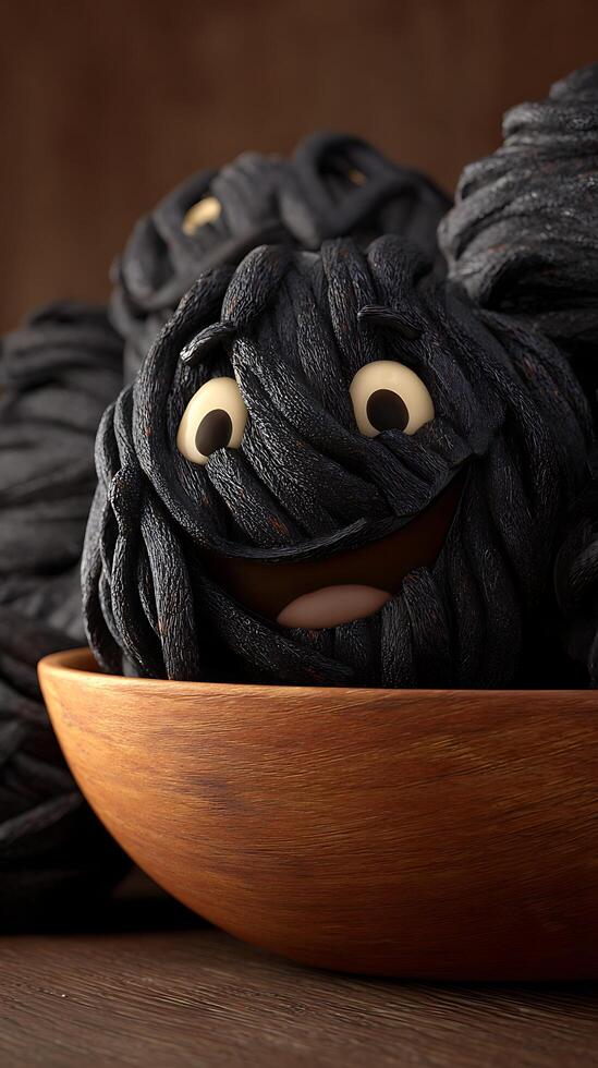 Fun Black Textured Monster with Big Eyes in Wooden Bowl. photo