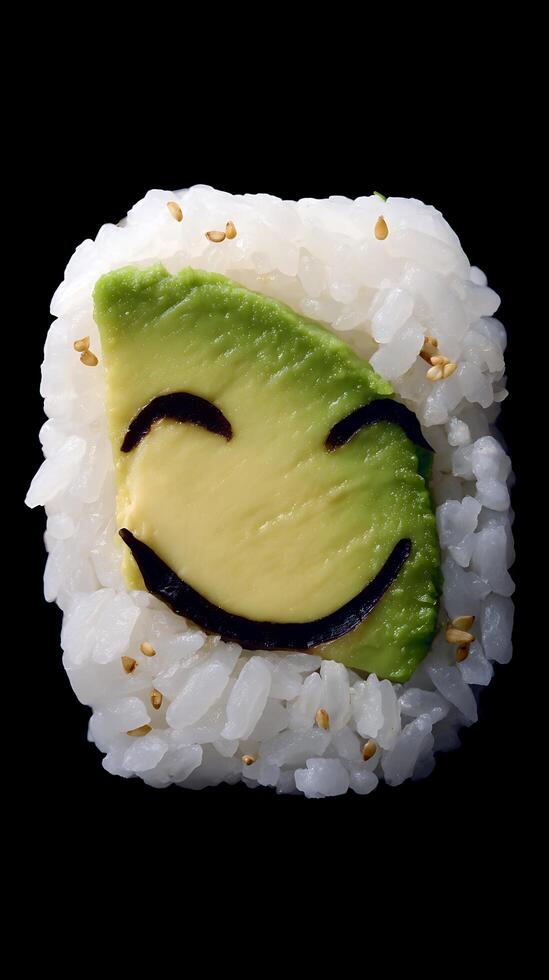 A Happy Face Made of Sushi and Avocado on a Dark Background. photo