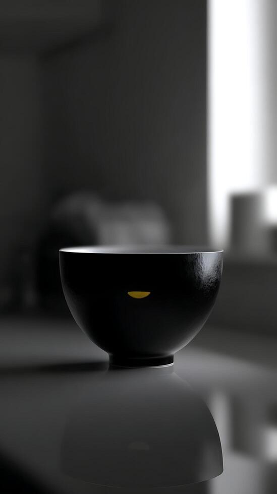 Simple Black Bowl with Subtle Yellow Accent on Reflective Surface. photo
