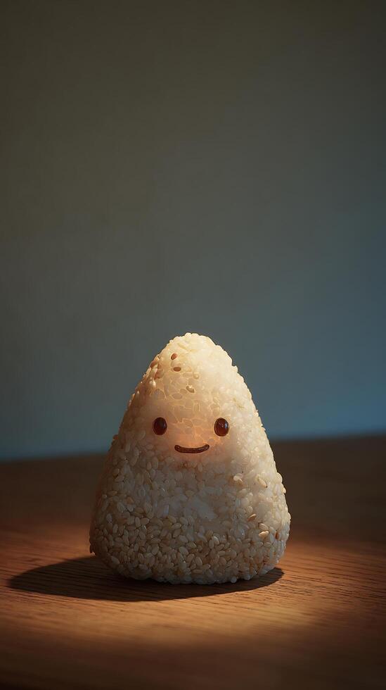 Adorable Smiling Rice Ball Character on Wooden Table Under Warm Light. photo