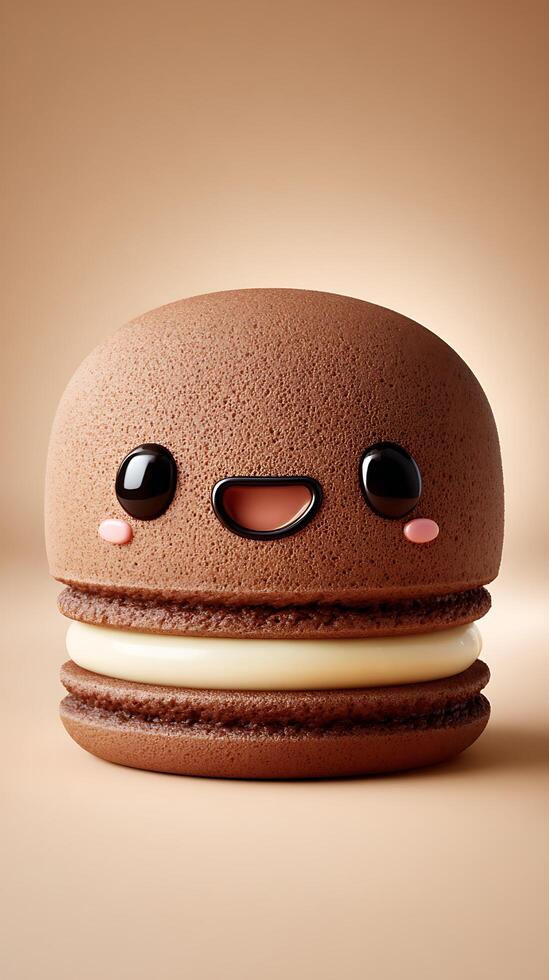 Adorable Chocolate Macaron with a Cheerful Face and Cream Filling. photo