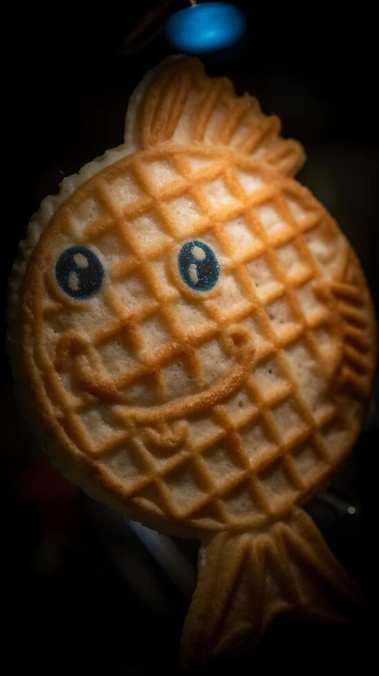 Cute Fish Shaped Waffle with Blue Eyes on a Dark Background. photo