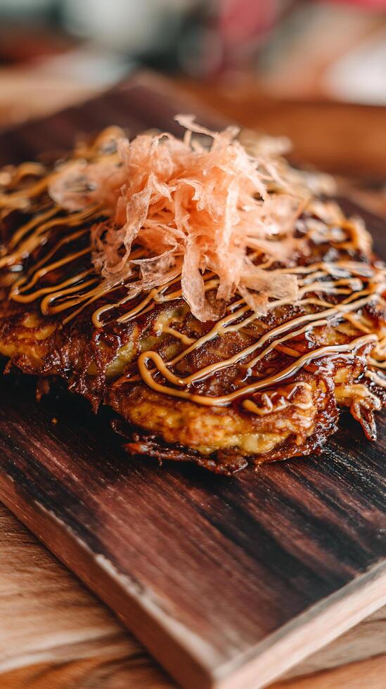 Savory Okonomiyaki Delight with Drizzled Sauce and Toppings. photo