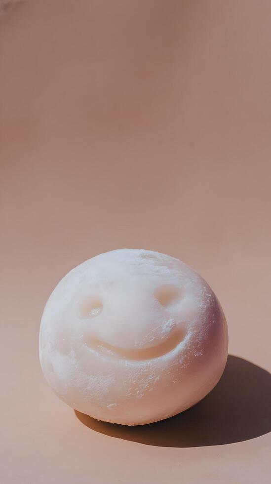 A White Round Object with a Happy Face Carved Into It. photo