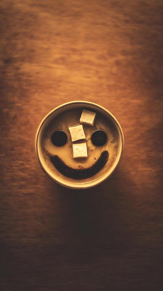 Happy Face in Coffee Cup with Tofu and Coffee Grounds. photo