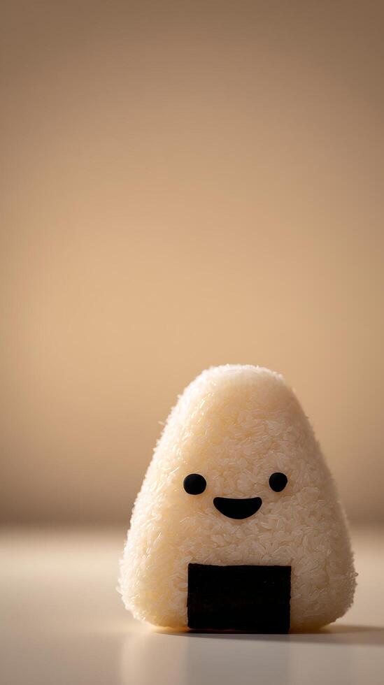 Cute and Happy Rice Ball Character Smiling Brightly. photo