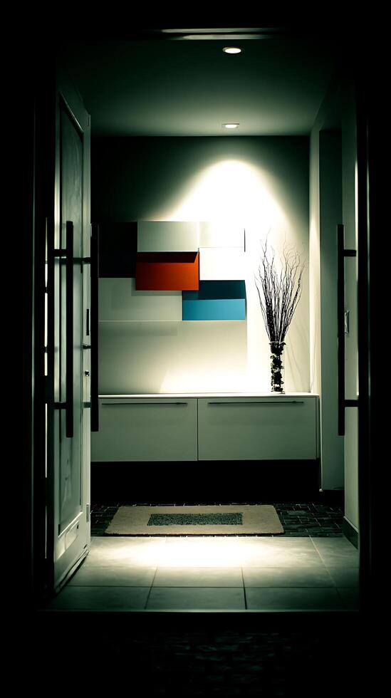 Modern Hallway with Dramatic Lighting and Minimalist Decor. photo