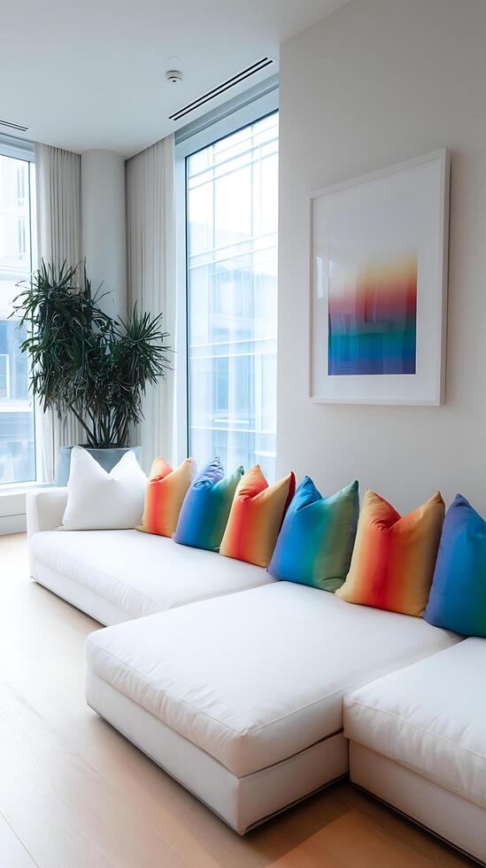 Modern Living Room with Colorful Rainbow Accent Pillows. photo