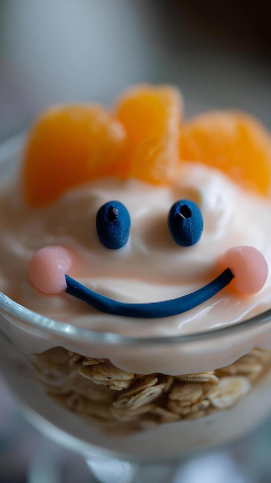 Smiling Yogurt Parfait with Fruit and Granola for a Happy Breakfast. photo