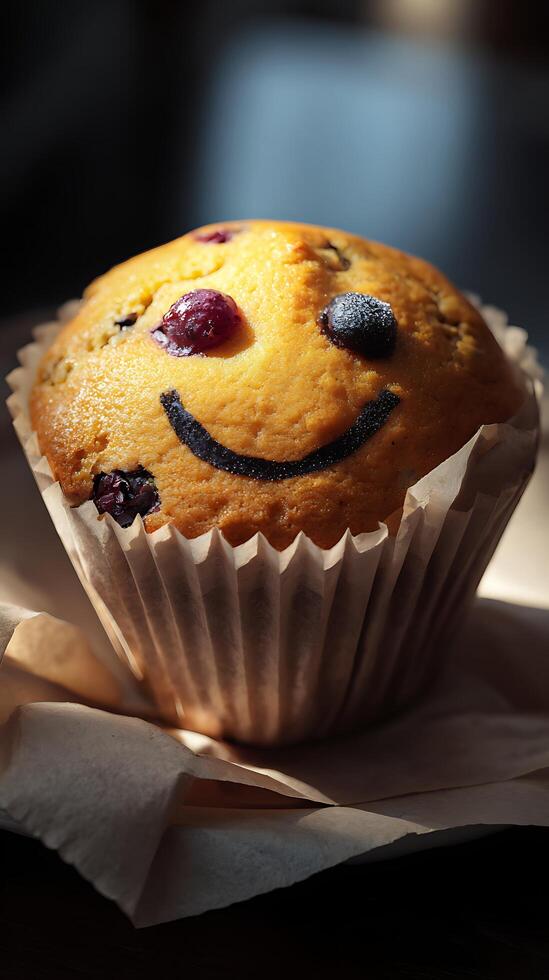 Happy Blueberry Muffin with a Smile on a Brown Paper. photo