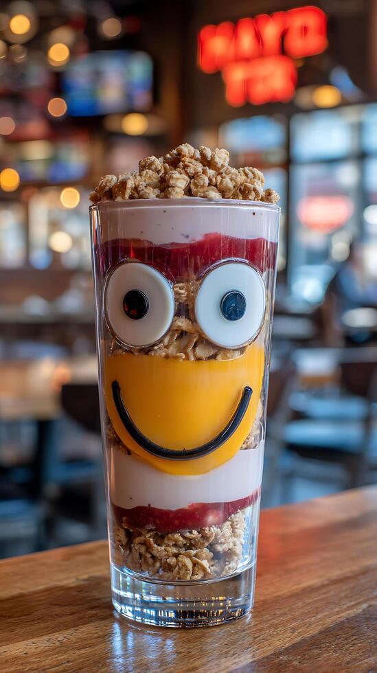 Fun Parfait with Happy Face Design in a Lively Setting. photo