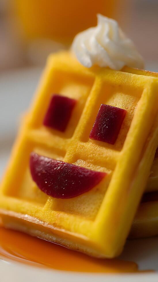Smiley Face Waffle Stack with Whipped Cream and Syrup. photo