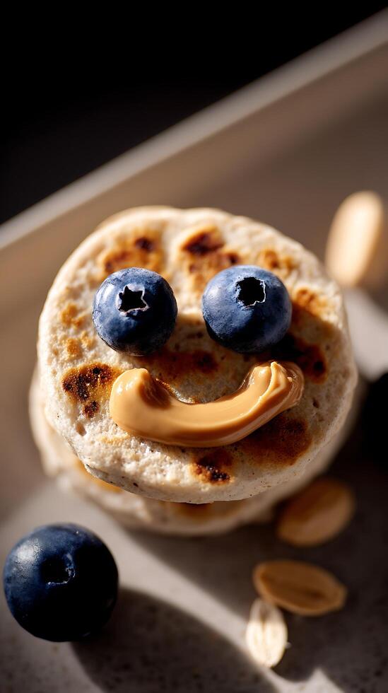 A Smiling Stack of Pancakes with Blueberries and Peanut Butter. photo
