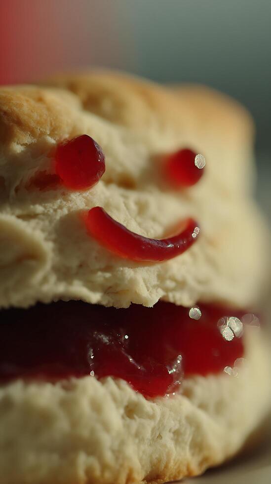 Happy Face Scone with Red Jam closeup for a Tasty Snack. photo