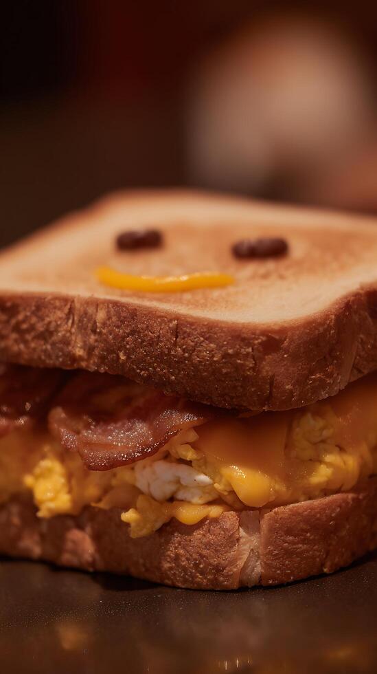 Happy Face Breakfast Sandwich with Bacon, Egg, and Cheese photo