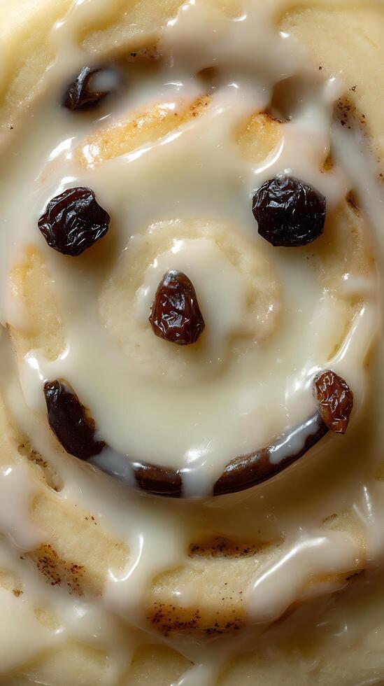 Sweet Smiley Face Cinnamon Roll with Creamy Icing and Raisins. photo