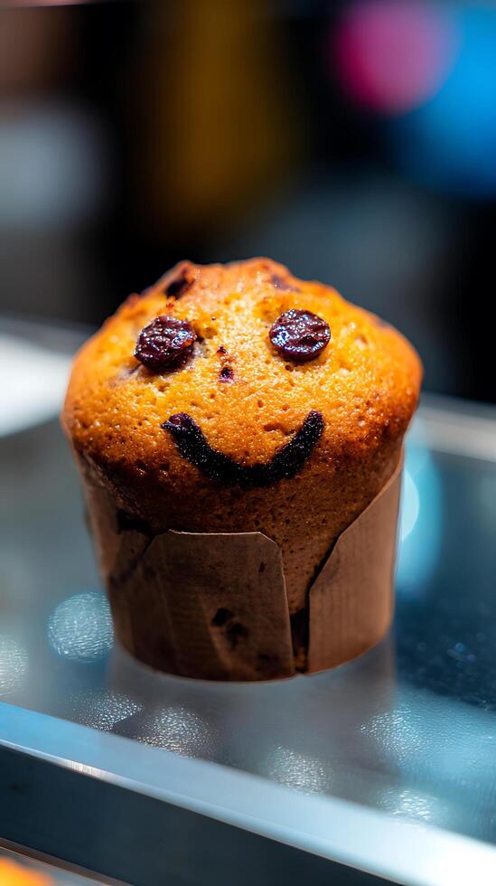 A Delicious Blueberry Muffin With a Happy Face. photo