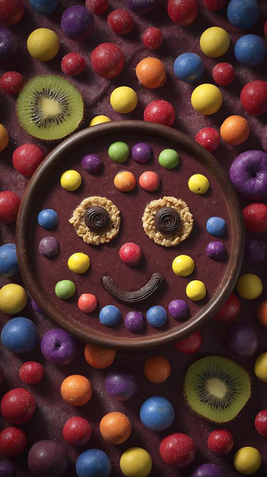 Happy Smiley Face Made From Colorful Candy and Kiwi Fruit. photo