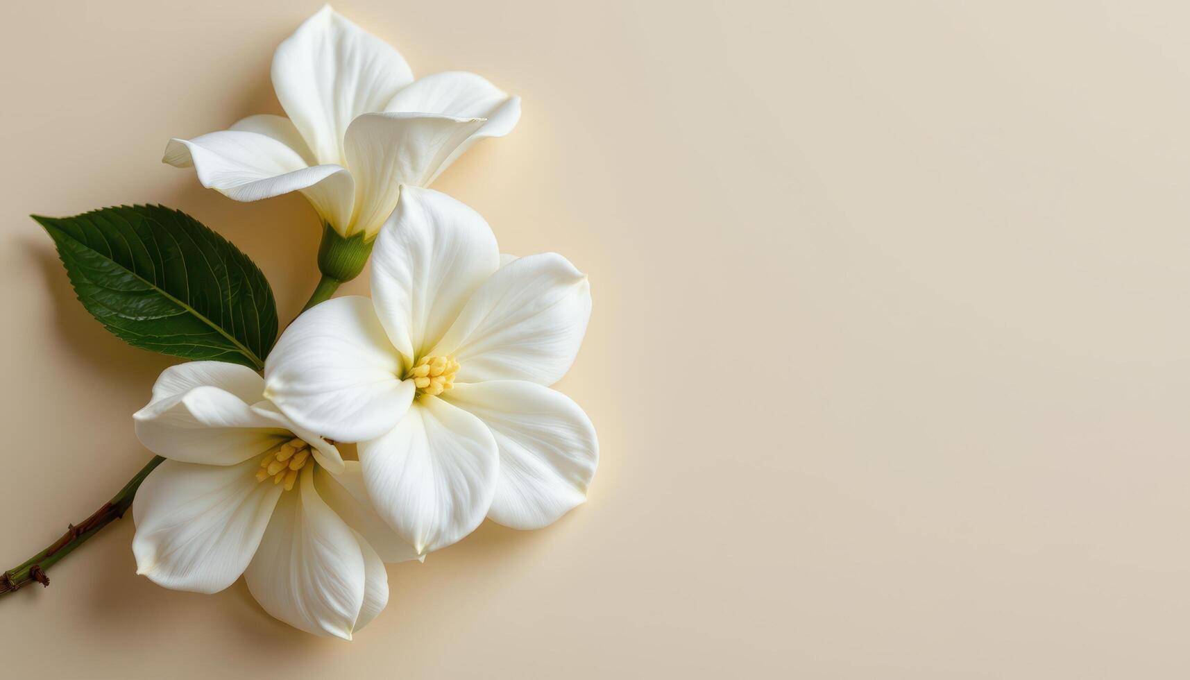 close up view of white gardenias with perfectly curled petals placed on a neutral matte cream background. photo