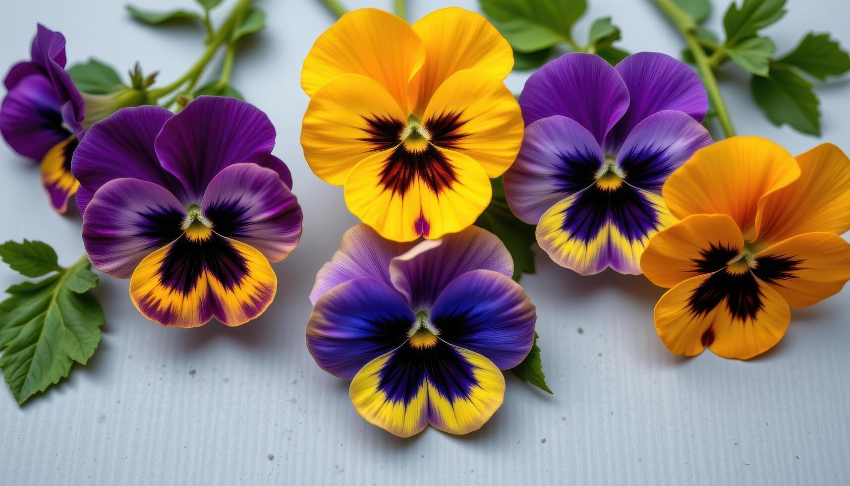 close up view of pansies with vibrant dual tones set neatly on a subtle light gray plain background. photo