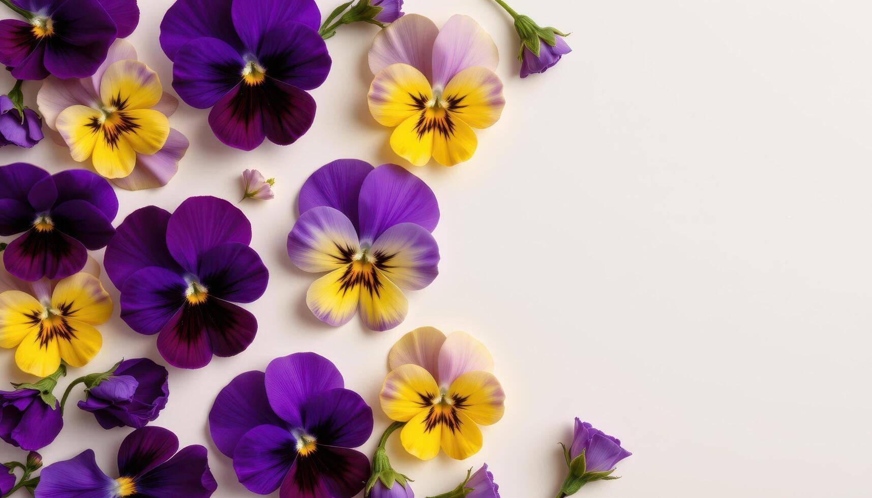 close up view of violas in mixed purples and yellows arranged harmoniously on a plain off white background. photo