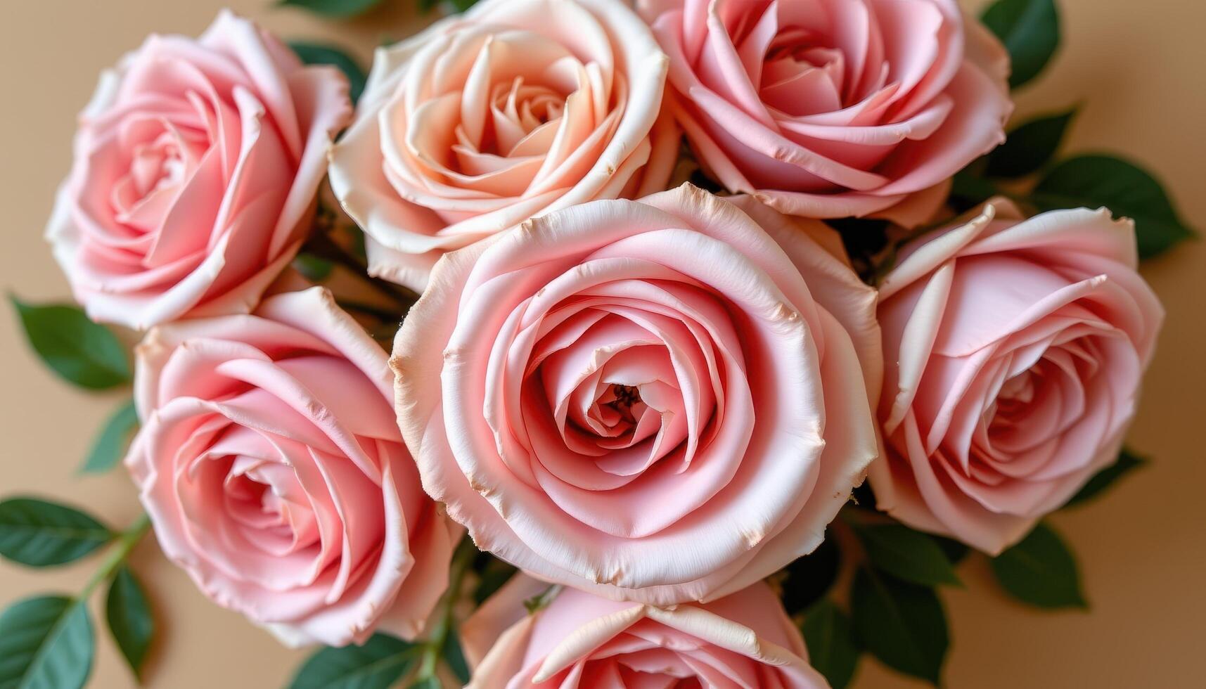 close up view of romantic garden roses in shades of blush and coral on a muted tan background. photo