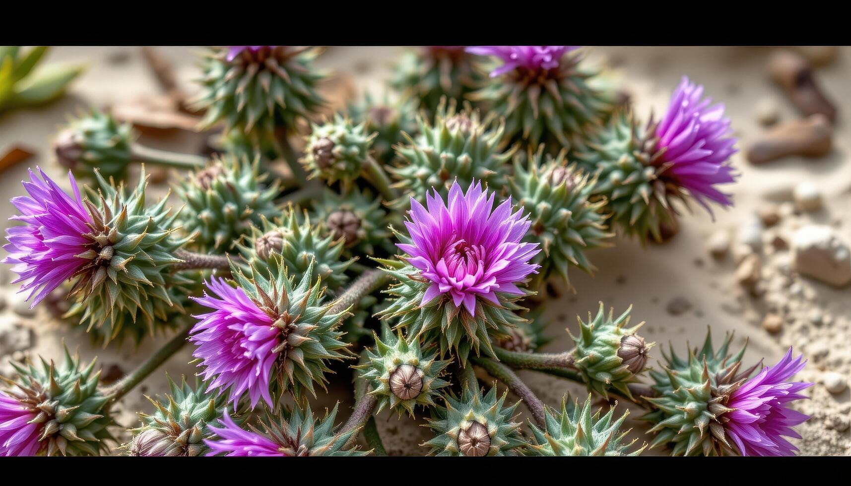 close up view of thistle flowers with spiky purple blooms and textured leaves resting on a light sand colored backdrop. photo