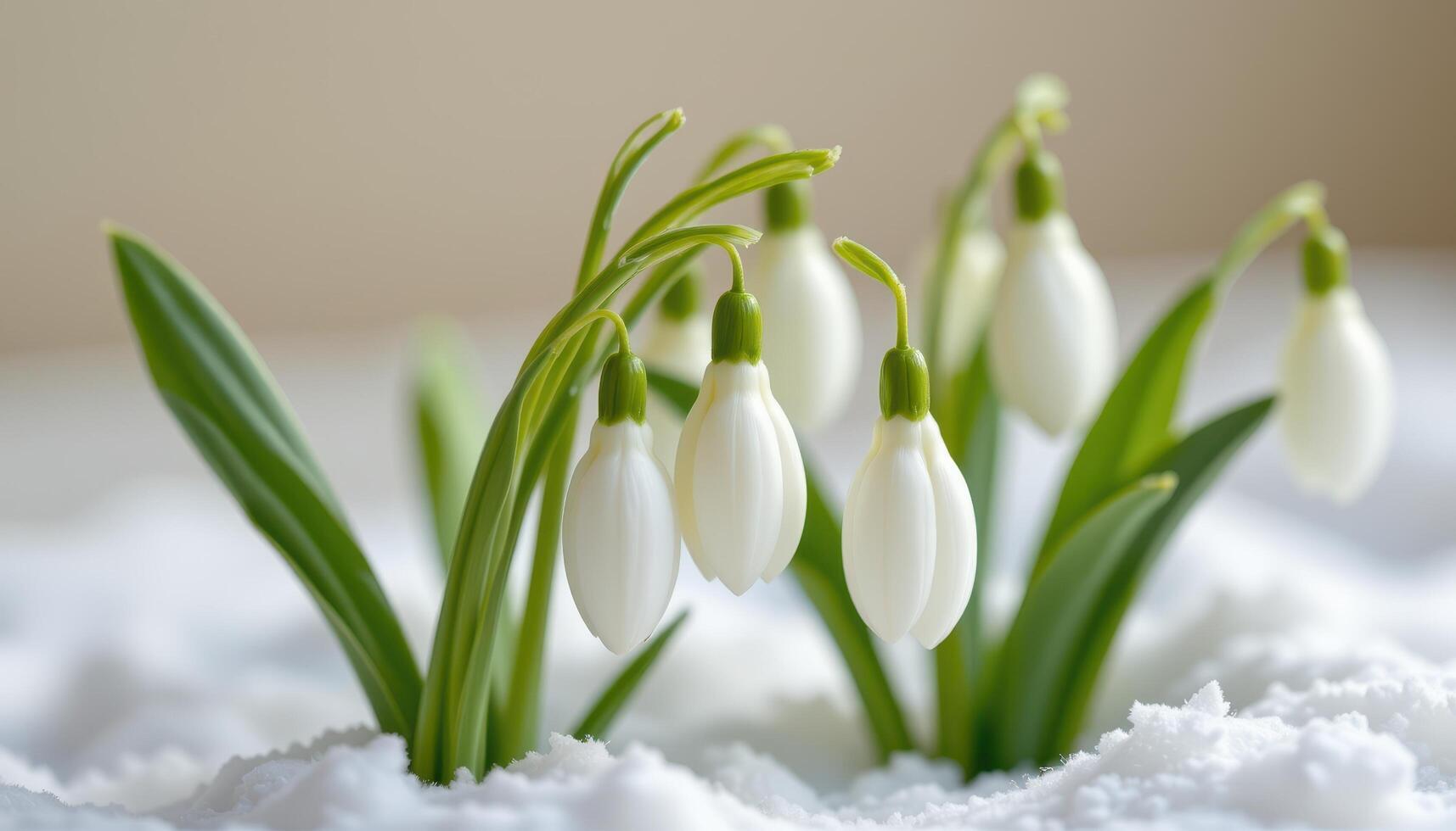 close up view of snowdrops drooping gently in elegant form displayed on a cold ivory background. photo