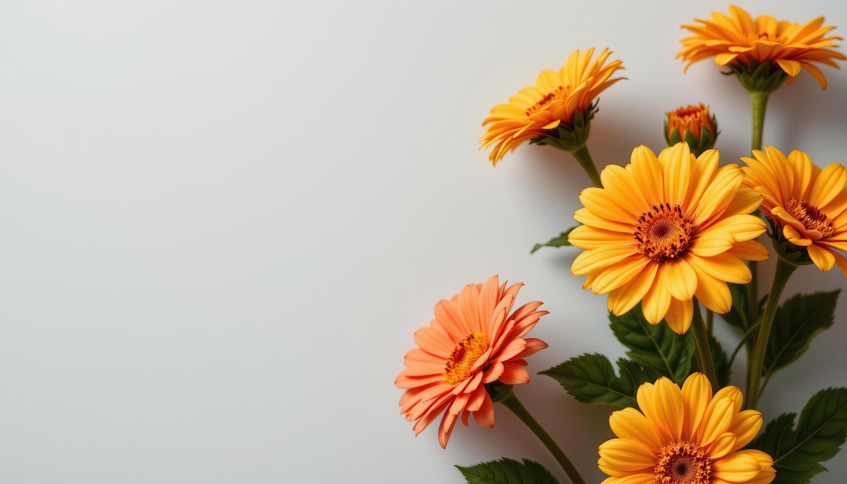 close up view of golden zinnias in full bloom with detailed textures placed on a pale gray background. photo