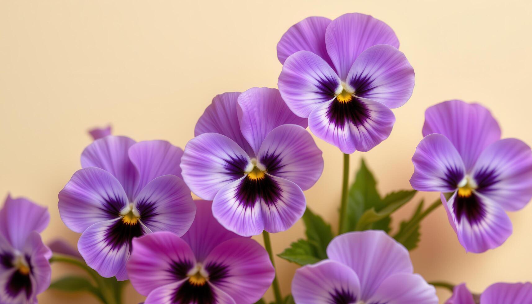 close up view of soft violet pansies with gentle gradient coloring shown against a plain eggshell background. photo