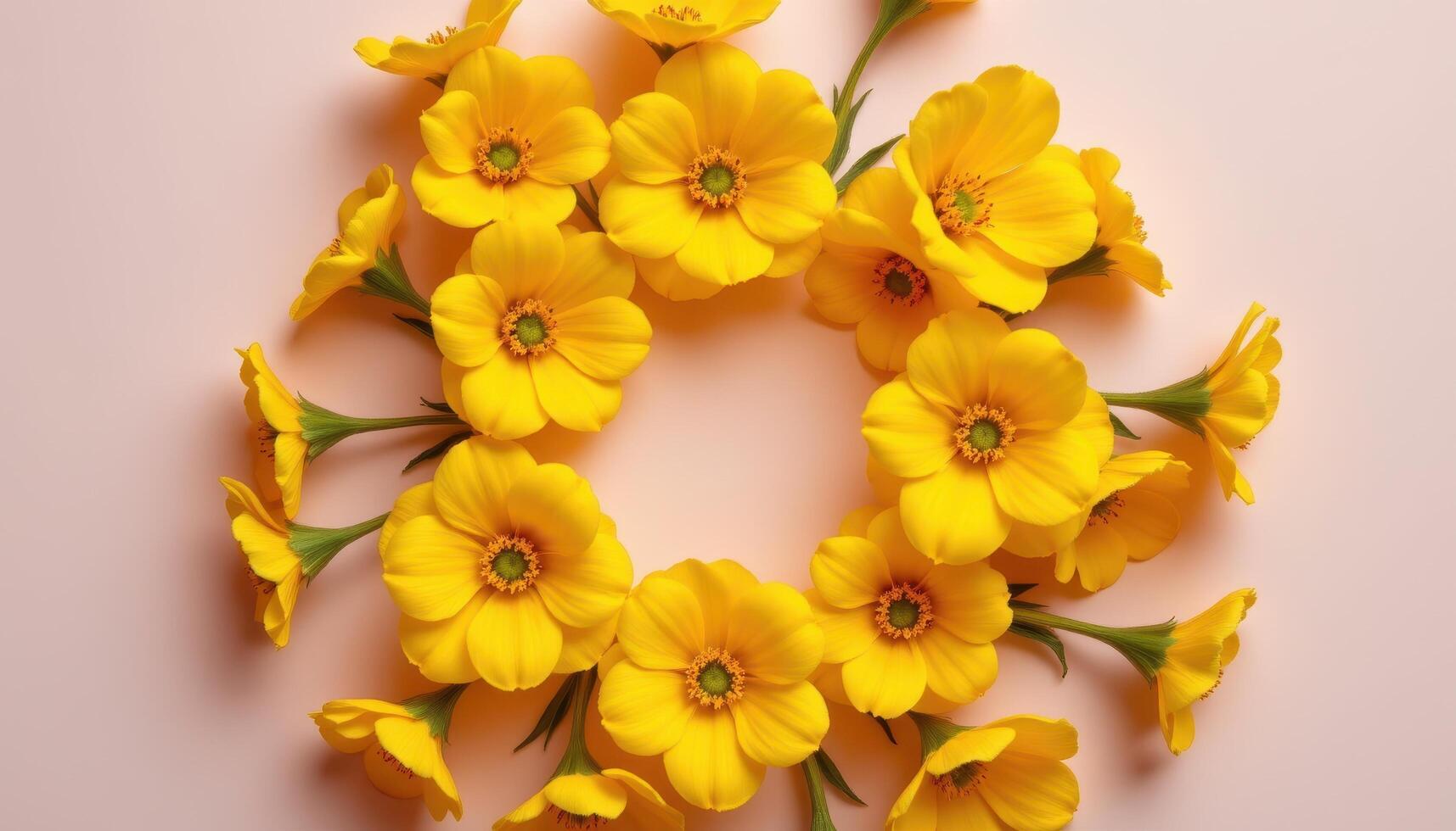 close up view of buttercup flowers with glossy yellow petals arranged in a circle on a clean pastel background. photo