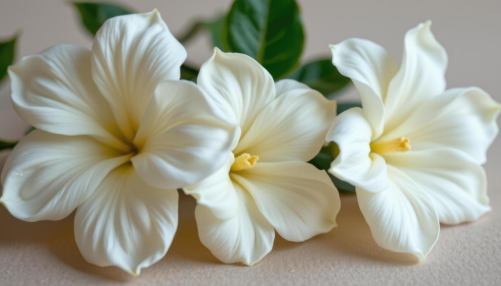 close up view of pristine gardenias with soft white petals and curled edges glowing gently on a neutral background. photo