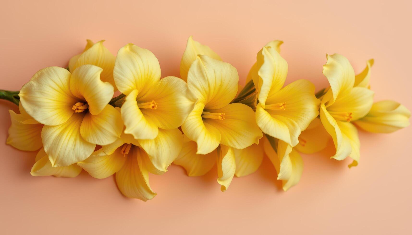 close up view of freesia blooms in buttery yellow and cream shades aligned delicately on a soft peach backdrop. photo
