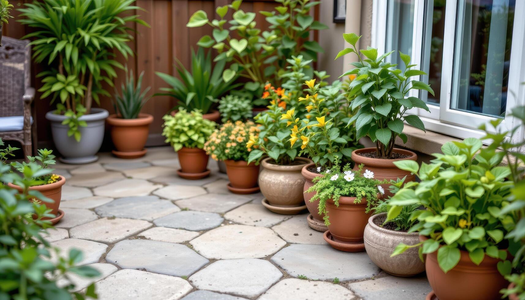 a serene patio scene featuring decorative potted plants with various textures and shades of green, entirely devoid of any living creatures. photo